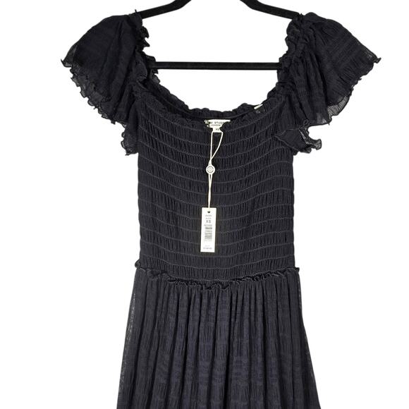 Max Studio Black Smocked Maxi Dress XS Flutter Sleeve Tiered Boho Whimsigoth - Picture 2 of 12